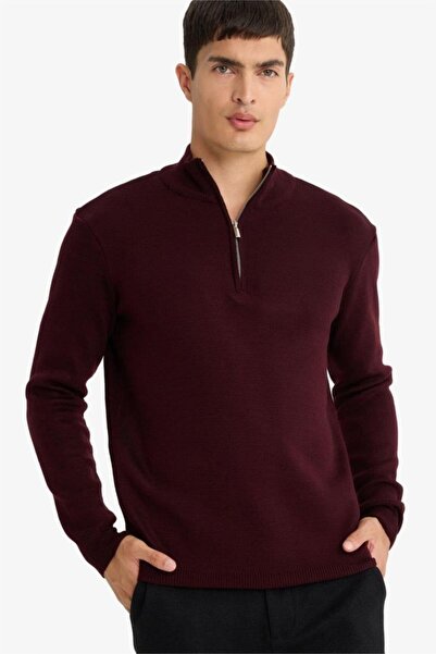 DeFacto Standard-Fit-Strickpullover mit halbem Reißverschluss in Weinrot A518...