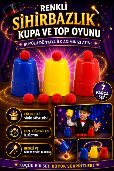 Tamsena Store Renkli Sihirbazlık Kupa ve Kırmızı Top Oyunu Çocuk Eğlence İllü...