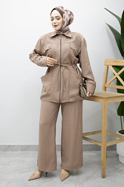 Tesettür Dünyası Çakım Detailed Double Suit with Pockets Tsd260215 Mink