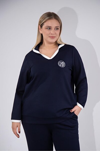 Roxxlen Women's Plus Size Embroidered V-Neck Sweatshirt