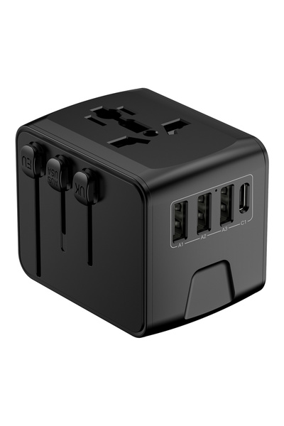 Choice3 محول سفر عالمي أسود، سريع الشحن 3.4 أمبير، 4 منافذ USB، منفذ Type-C و...