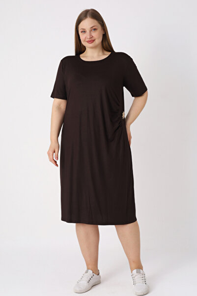 İntensive Women's Plus Size Brown Lycra Buckle Detailed Short Sleeve Dress