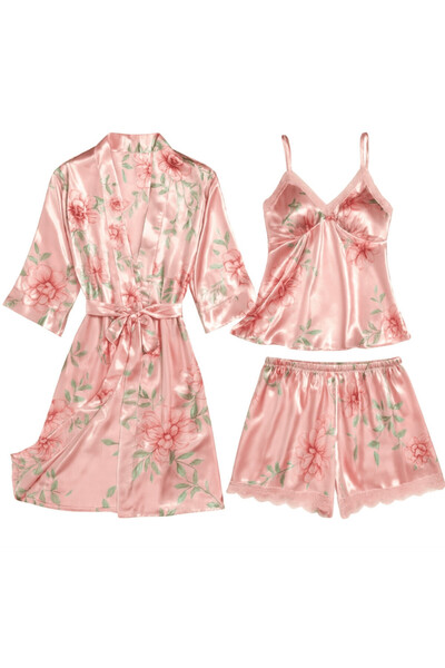 SNM 3-Piece Pyjama Set, SNM, Elegant Satin with Robe & Shorts, Lace Decor, Fl...