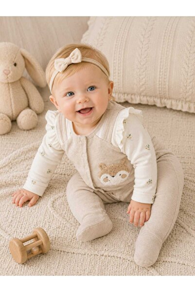 NiLi Baby Girl Plush Fox Embroidered Jumpsuit with Booties