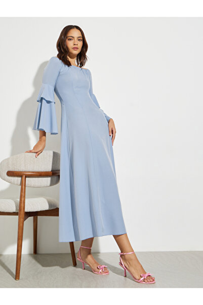 Styli Blue A-Line Midi Dress with Bell Sleeves