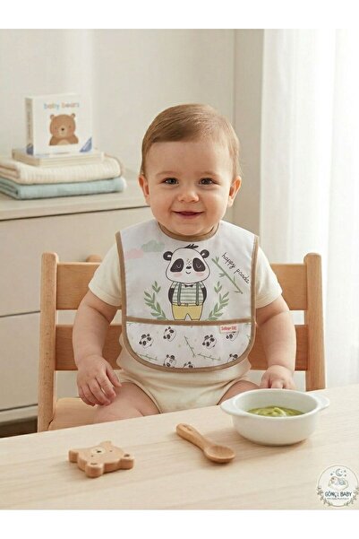 Gökçe Baby مريلة طعام للأطفال بتصميم الباندا مقاومة للسوائل مع جيوب