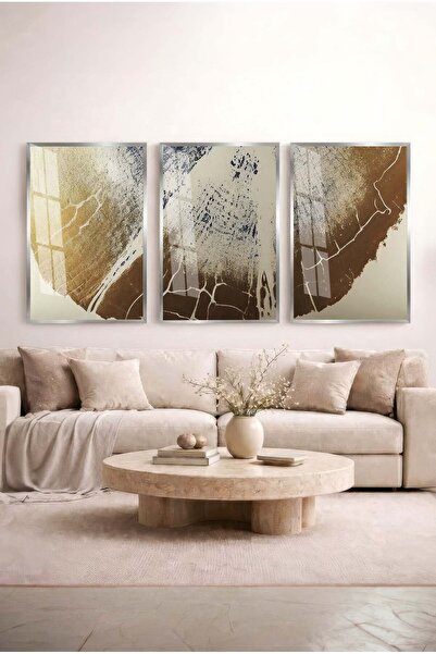 Zevahir Mobilya Dekorasyon Kintsugi Ruhu Gold Textured Abstract 3-Piece Glass...