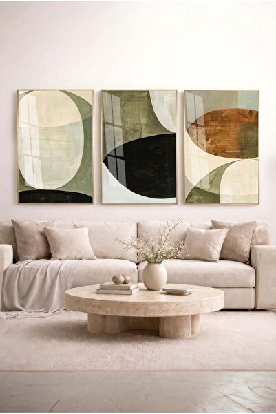 Zevahir Mobilya Dekorasyon Khaki and Earth Tones Geometric Abstract 3-Piece G...