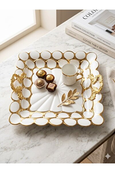 Sembol Lüks Beyaz Gold Detaylı Kare Sunum Tepsisi - 30 cm
