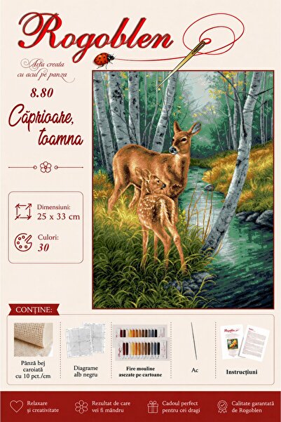 Rogoblen Kit de cusut Căprioare, toamna - set goblen cu pânză, diagrame alb-n...