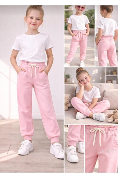 aykidsclup Girl's Pink Elastic Waist Double Ribbed Sweatpants 4494-2