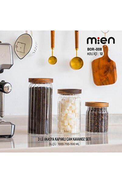 MİEN 3-Piece Acacia Vacuum Jar Set with Lids 1000-700-500ml