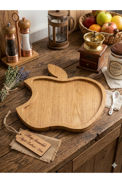 Ahşap Premium Apple-Shaped Natural Presentation Plate & Snack Bowl (25 cm)