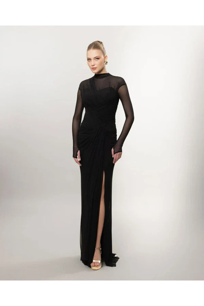 Kenzel Plus Size Long Sleeve Slit Draped Long Evening Dress