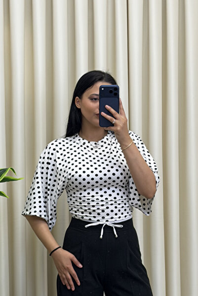 MİROR Women's White Polka Dot Gathered Detail Bat Sleeve Blouse