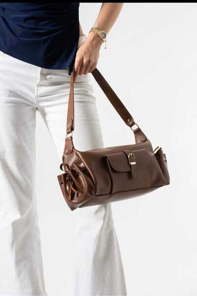 ÖZÜM ÇANTA Marino Model Women's Hand and Shoulder Bag with Pockets, Brown