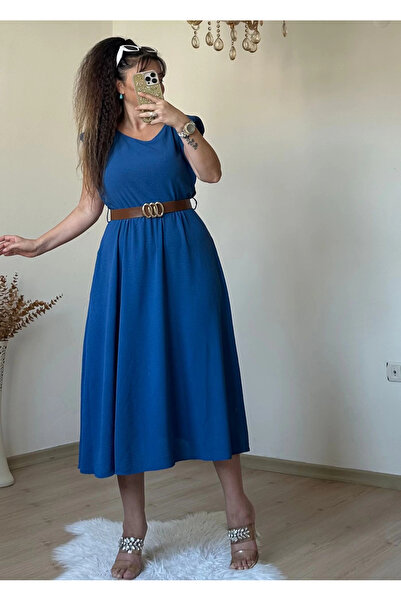 AZRA BUTİK Sleeve Detailed Midi Length Belted Dress Blue