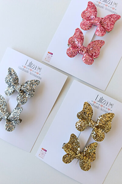 Liliza Accessories Gümüş Kelebek 2li Glitter Klips Toka Seti