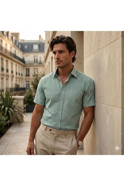 GÖMLEK GALERİSİ Men's Classic Wide Cut Plaid Pocket Cotton Short Sleeve Shirt...