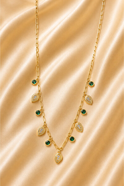 Becha Bijuteri Gold Steel Necklace with Drop-Shaped Colored Stones