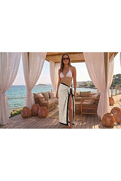 nazzain Black Polka Dot Tie-Up Slit Pareo Beach Skirt Bikini Top Beachwear Su...