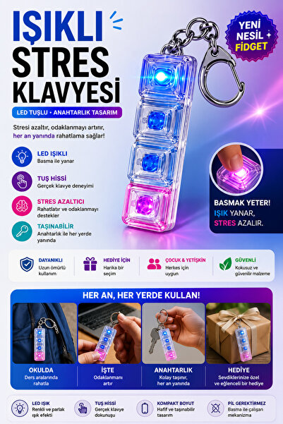 GudeX Işıklı Stres Klavyesi Anahtarlık LED Fidget Oyuncak – Basınca Yanan, Ri...