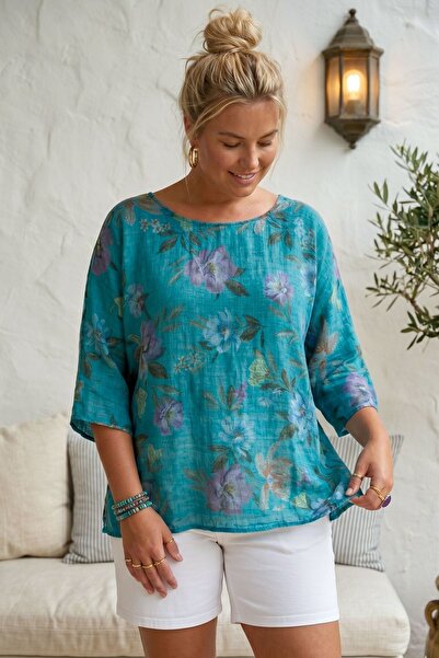 Chiccy Italian Turquoise Pool Collar Short Sleeve Floral Printed Linen Look O...