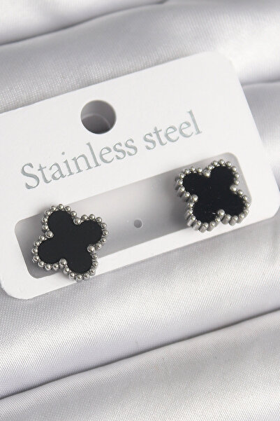 ETC 316L Steel Silver Color Black Clover Model Women's Earrings 5886 - Miyng4...