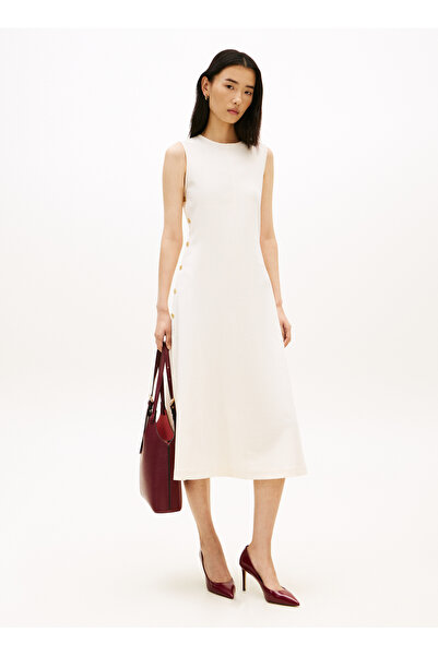 Tommy Hilfiger Krem Kadın Elbise GOLD BUTTON LONG MIDI DRESS NS
