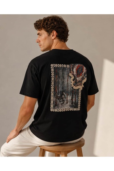 CANMODA Tricou unisex negru supradimensionat, cu imprimeu cu cai și pădure, c...