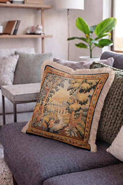IdeCraft Goblen Pastoral Manzara Kuş Motifli Saçaklı Kırlent Kılıfı - Krem Pü...