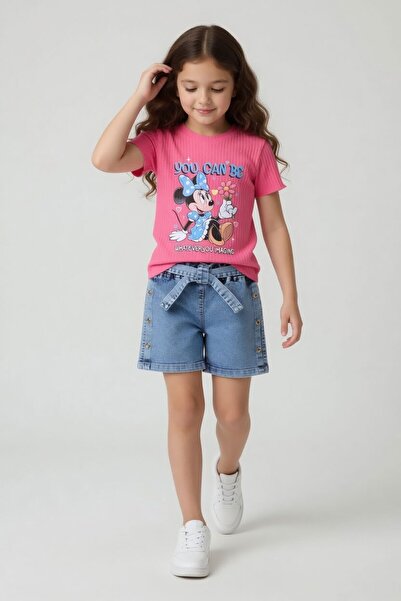 Cansın Mini Set tricou cu imprimeu cu personaje roz și pantaloni scurți din d...