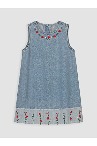 LC Waikiki Rochie din denim pentru fete, cu broderie florală, LCW Kids