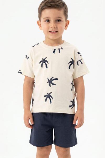 Pina Kids Boy's Cotton Palm Patterned Combed Cotton Shorts Double Set Tkm1016