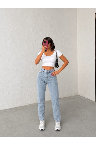 blue wings denım co. Ice White Front Leg Stone Accented Mom Jeans Denim Pants