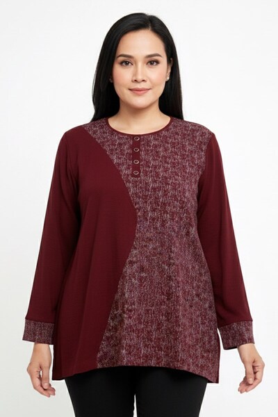 hadiora Women's Burgundy Patterned Combed Cotton Blouse