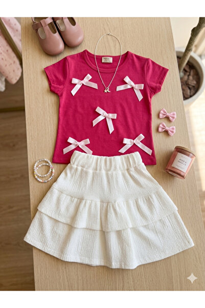 RÜYA KİDS Girl's Festive Bow-Detailed Skirt and T-Shirt Summer Set