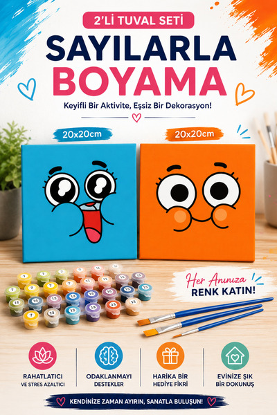 Corvo Sayılarla Boyama 20x20 Cm Tuval Seti 2 ADET TUVAL Fırça Boya Dahil Çıta...