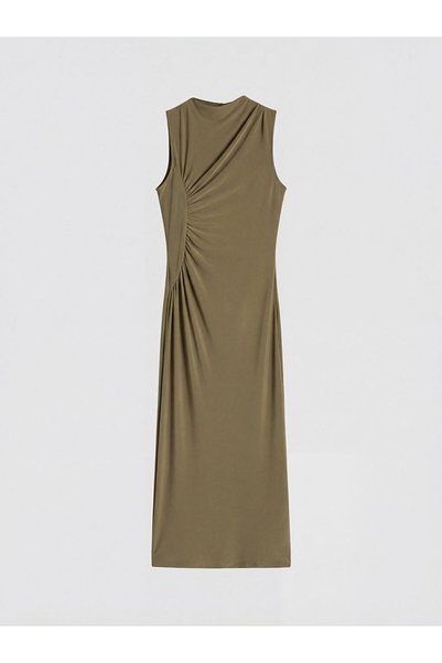 LC Waikiki Brown Mock Neck Shirred Dress