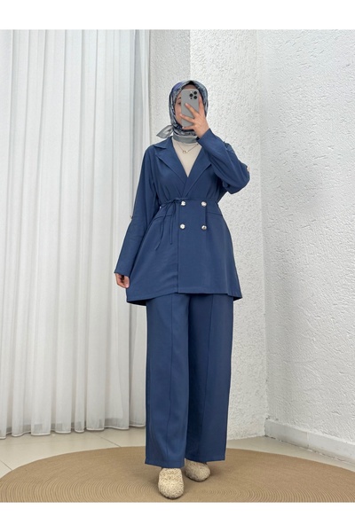 MİHRA STORE Silk Hidden Pocket Gold Button Jacket and Trousers Set-Gs527 Indigo