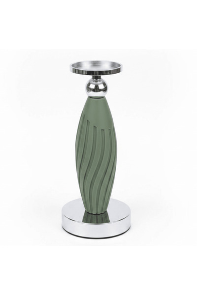 AKDC Sage Green Plastic & Metal Textured Pillar Candle Holder with Chrome Acc...