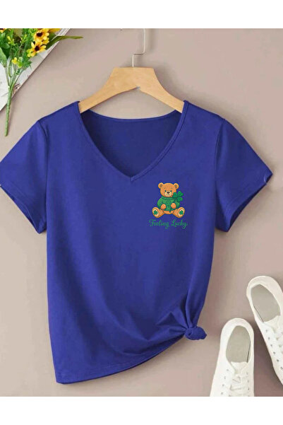 SUNFREE Lucky Teddy Printed V-Neck Regular Short Sleeve Women's Tshirt