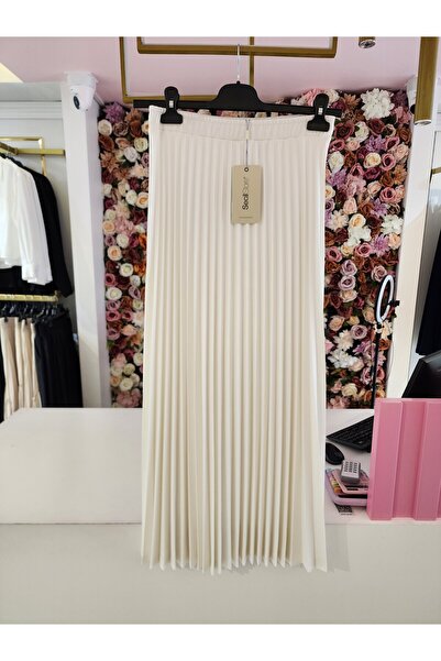 SEÇİLSTORE kadın ekru uzun piliseli etek