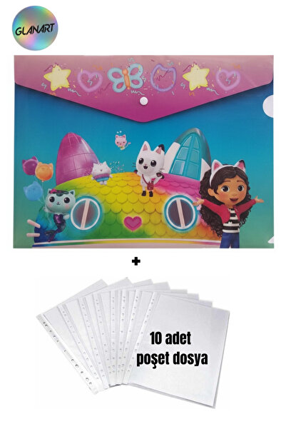 Glanart a4 boy çıt çıt ödev dosyası +10' lu poşet dosya gabby'nin hayal evi