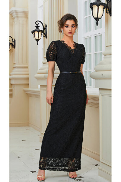 Independent Black Long Lace Dress with High Cut