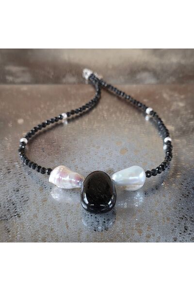 DRUZY Silver Obsidian and Pearl Necklace "Shield of Silence" #30