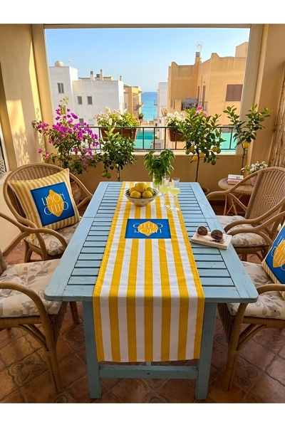 RahanDesign Limon Cello Desenli Sarı Çizgili Yazlık Dekoratif Runner - 45x145...