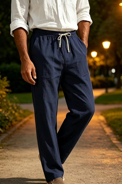 Oxmen Avant Garde Men's Navy Blue Real Linen Cotton Elastic Waist Loose Fit C...