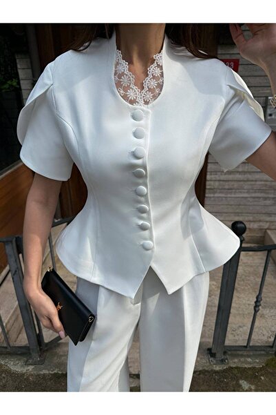LOKADI Jachetă peplum cu detalii din dantelă pentru femei - Jachetă elegantă ...