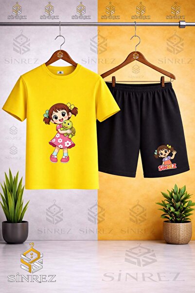 SİNREZ Crew Neck Kids' Girls' Turtle-Shell Sleeve Printed T-Shirt - Shorts Set